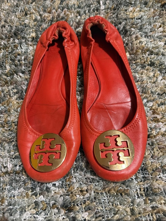 Tory Burch Shoes - Tory Burch Coral Red Leather Logo Ballet Flats
